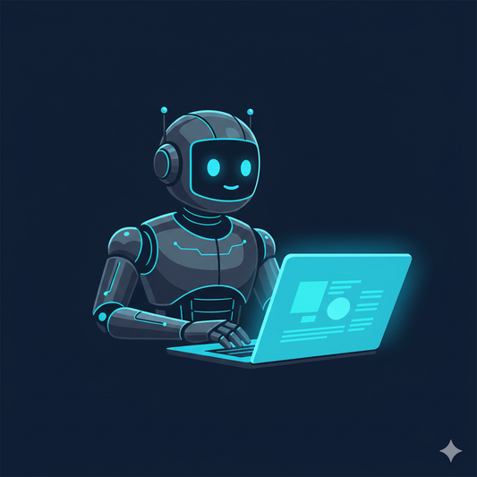 A robot typing on a computer, representing a virtual receptionist for small business owners.
